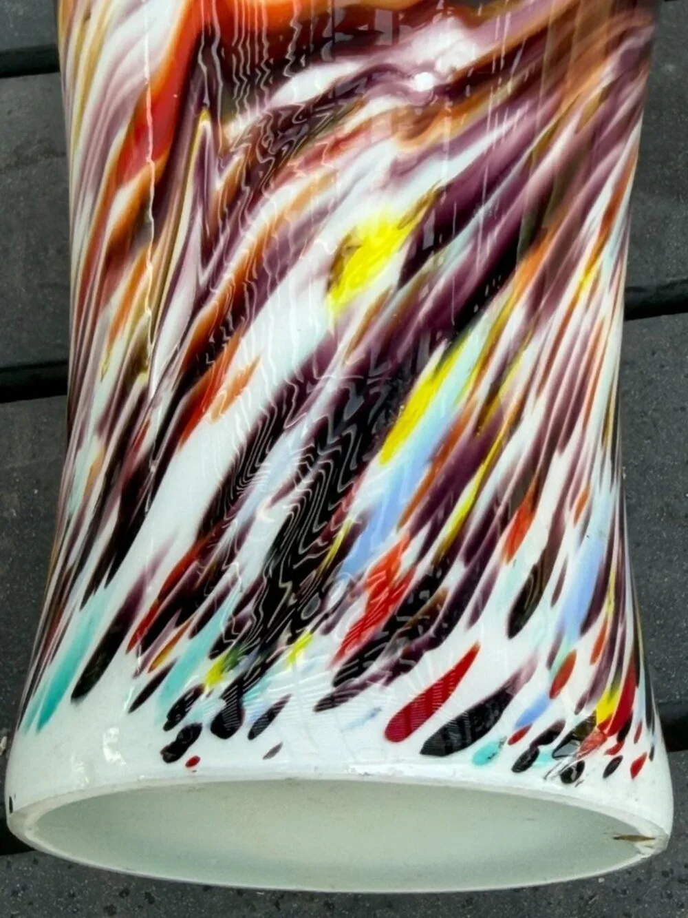 Vintage Murano Style Hand Blown Multicolor Art Glass Ruffled Vase 13.5